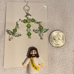 Green and Silver Beaded Cross and Angel Earrings! Includes pocket Jesus!